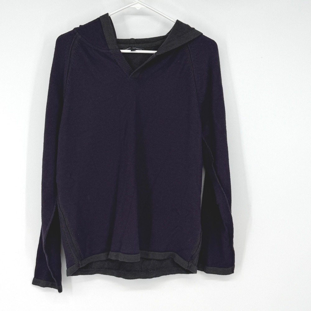 Robert Barakett Men Large Wool Blend Knit Hoodie Sweater Purple Navy Raw Hem
